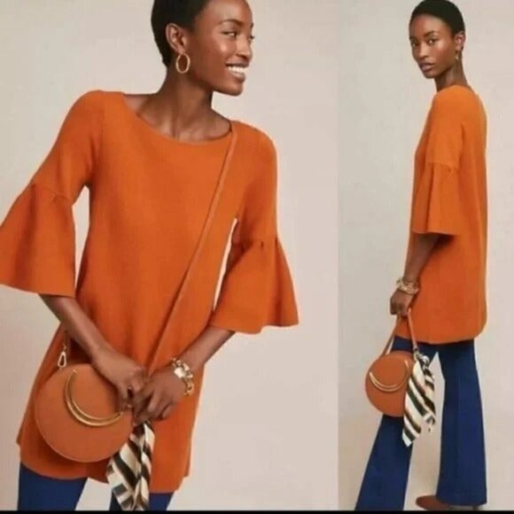 Moth Anthropologie Chester Bell Sleeve Rust Tunic Sweater Dress - Picture 1 of 8